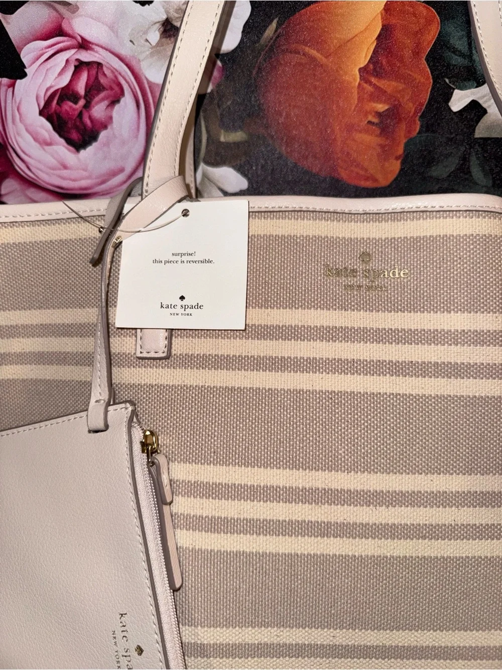 NWT kate spade Reversible Beige & Cream Striped Canvas/ Leather Tote w/ wristlet